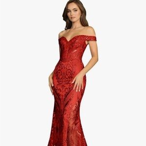 Elegant Red Off-Shoulder Evening Gown-Size 2